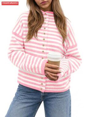 Womens Striped Cardigan Sweater Mock Neck Button Down Fall Winter Top